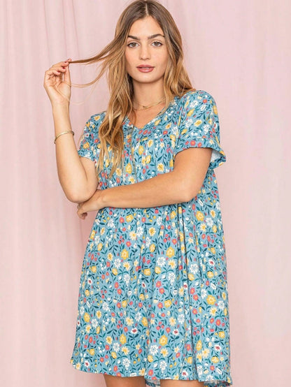 Summer Boho Retro Ditsy Floral Blue White Black Short Sleeve|  Small -3 XL