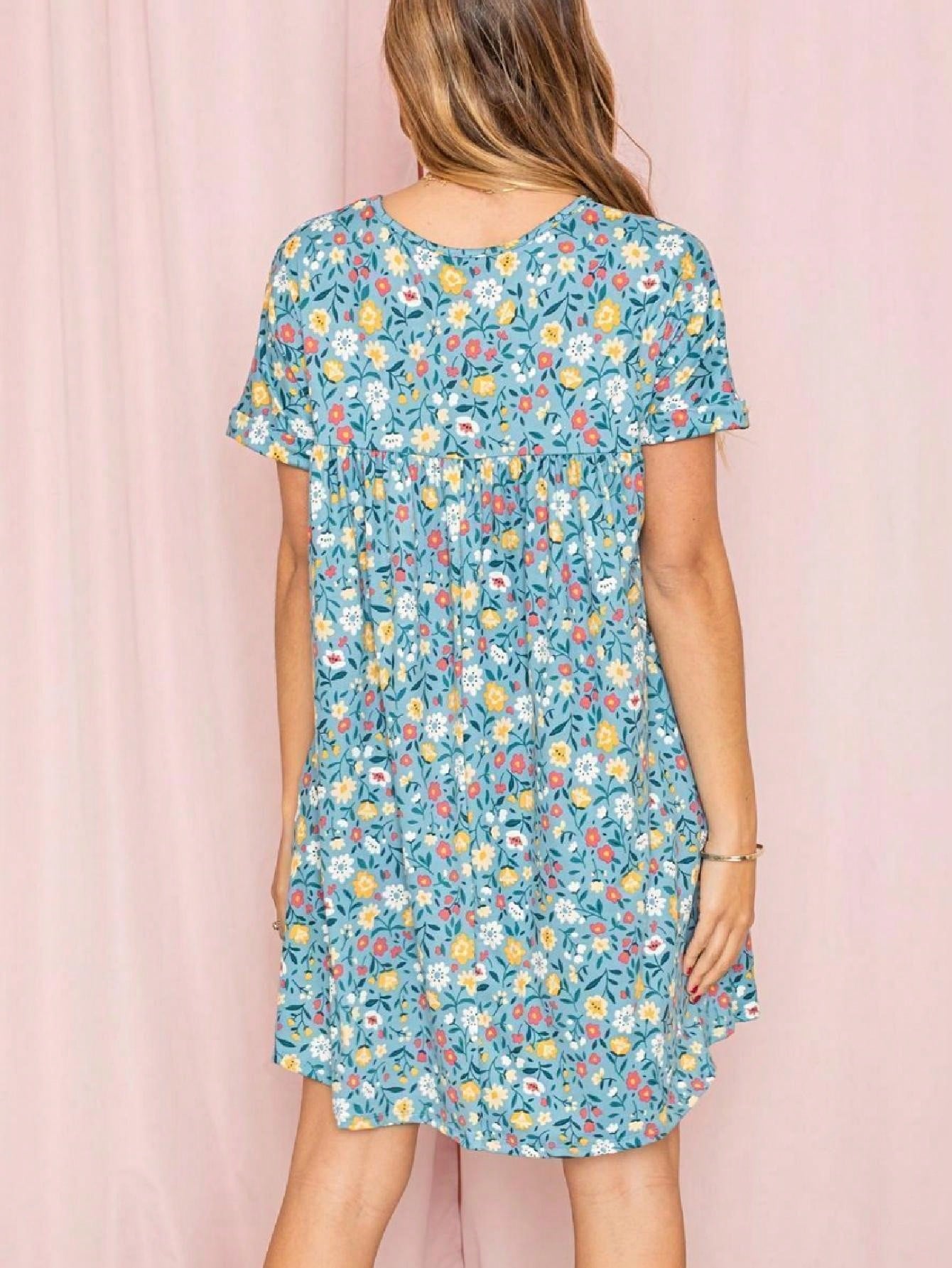 Summer Boho Retro Ditsy Floral Blue White Black Short Sleeve|  Small -3 XL