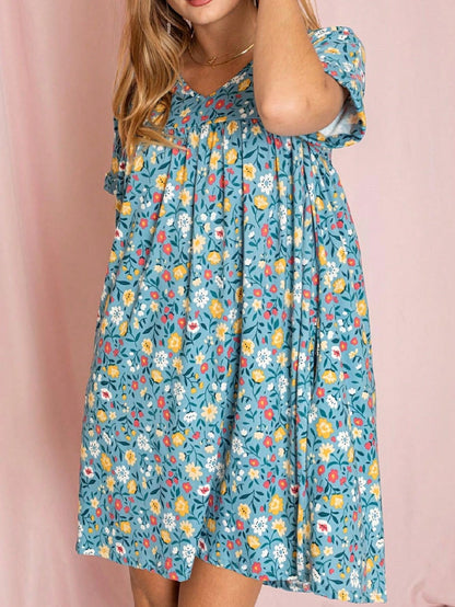 Summer Boho Retro Ditsy Floral Blue White Black Short Sleeve|  Small -3 XL
