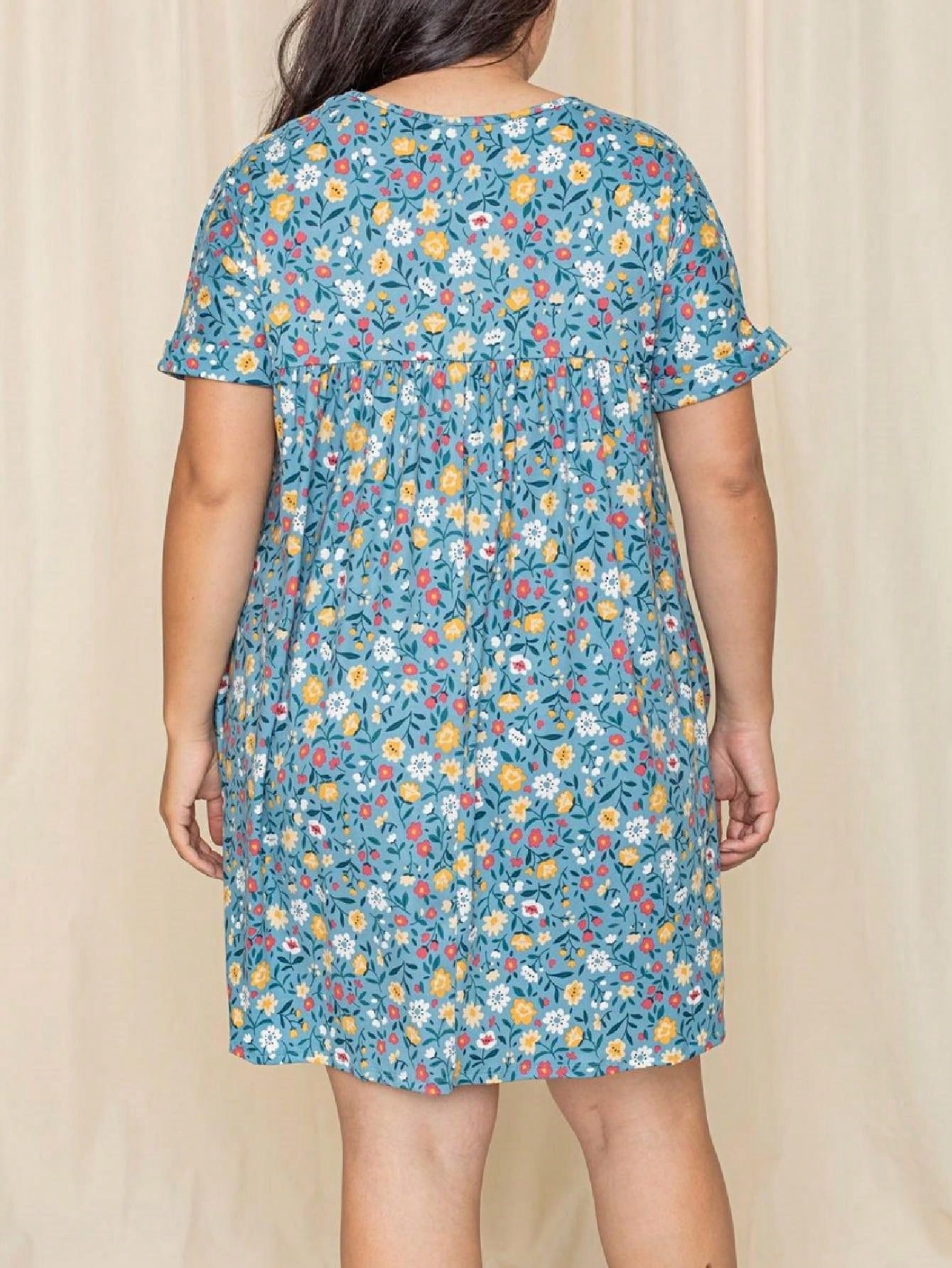 Summer Boho Retro Ditsy Floral Blue White Black Short Sleeve|  Small -3 XL