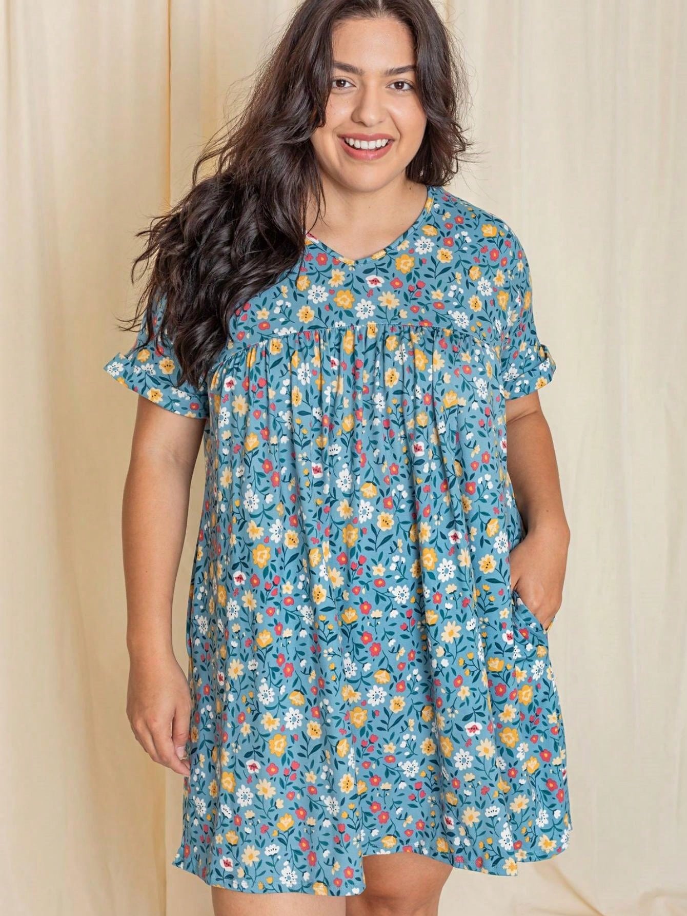 Summer Boho Retro Ditsy Floral Blue White Black Short Sleeve|  Small -3 XL