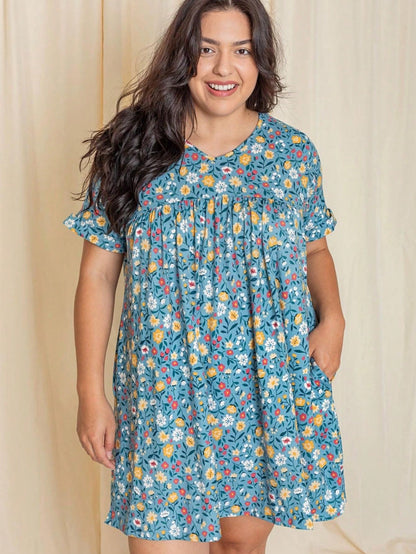 Summer Boho Retro Ditsy Floral Blue White Black Short Sleeve|  Small -3 XL