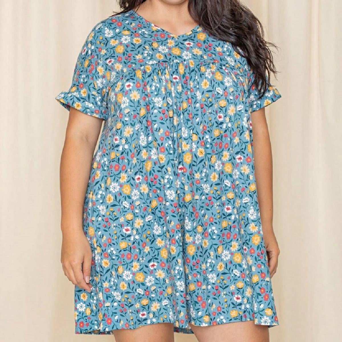 Summer Boho Retro Ditsy Floral Blue White Black Short Sleeve|  Small -3 XL