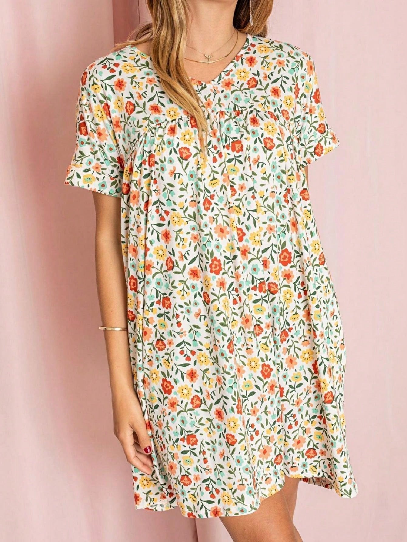 Summer Boho Retro Ditsy Floral Blue White Black Short Sleeve|  Small -3 XL