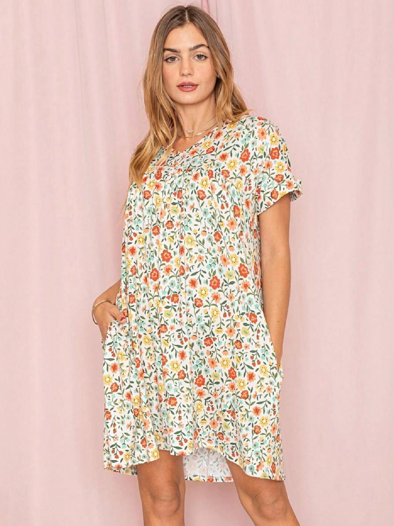 Summer Boho Retro Ditsy Floral Blue White Black Short Sleeve|  Small -3 XL