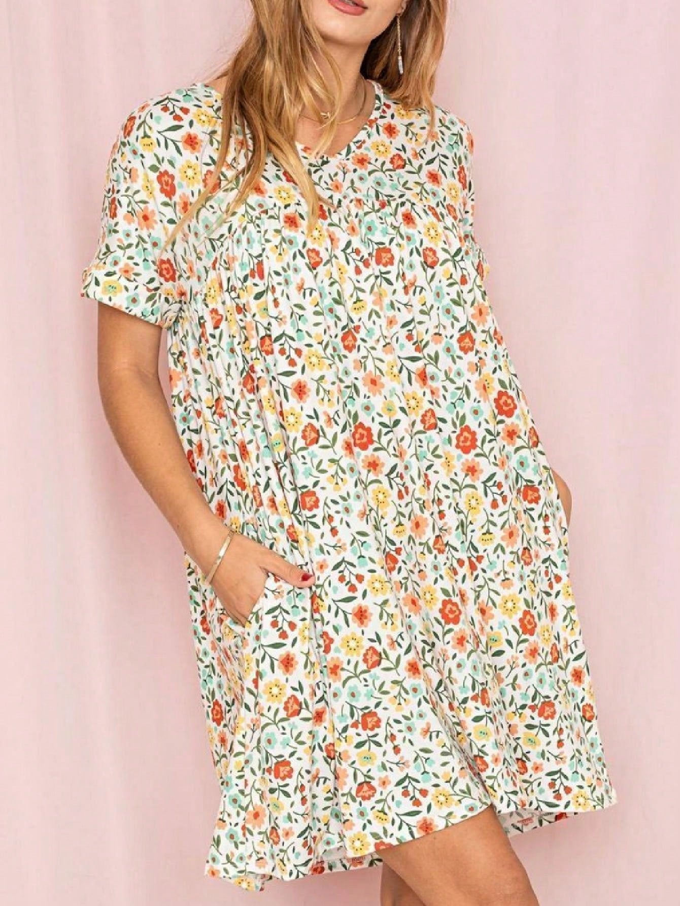 Summer Boho Retro Ditsy Floral Blue White Black Short Sleeve|  Small -3 XL