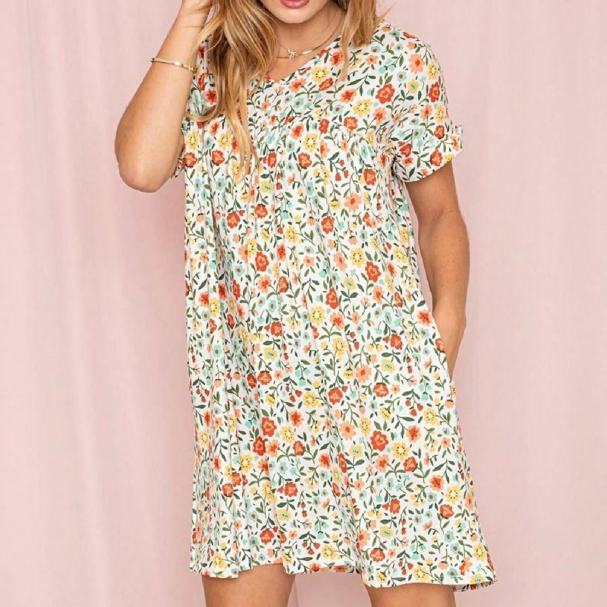 Summer Boho Retro Ditsy Floral Blue White Black Short Sleeve|  Small -3 XL