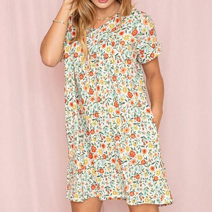 Summer Boho Retro Ditsy Floral Blue White Black Short Sleeve|  Small -3 XL