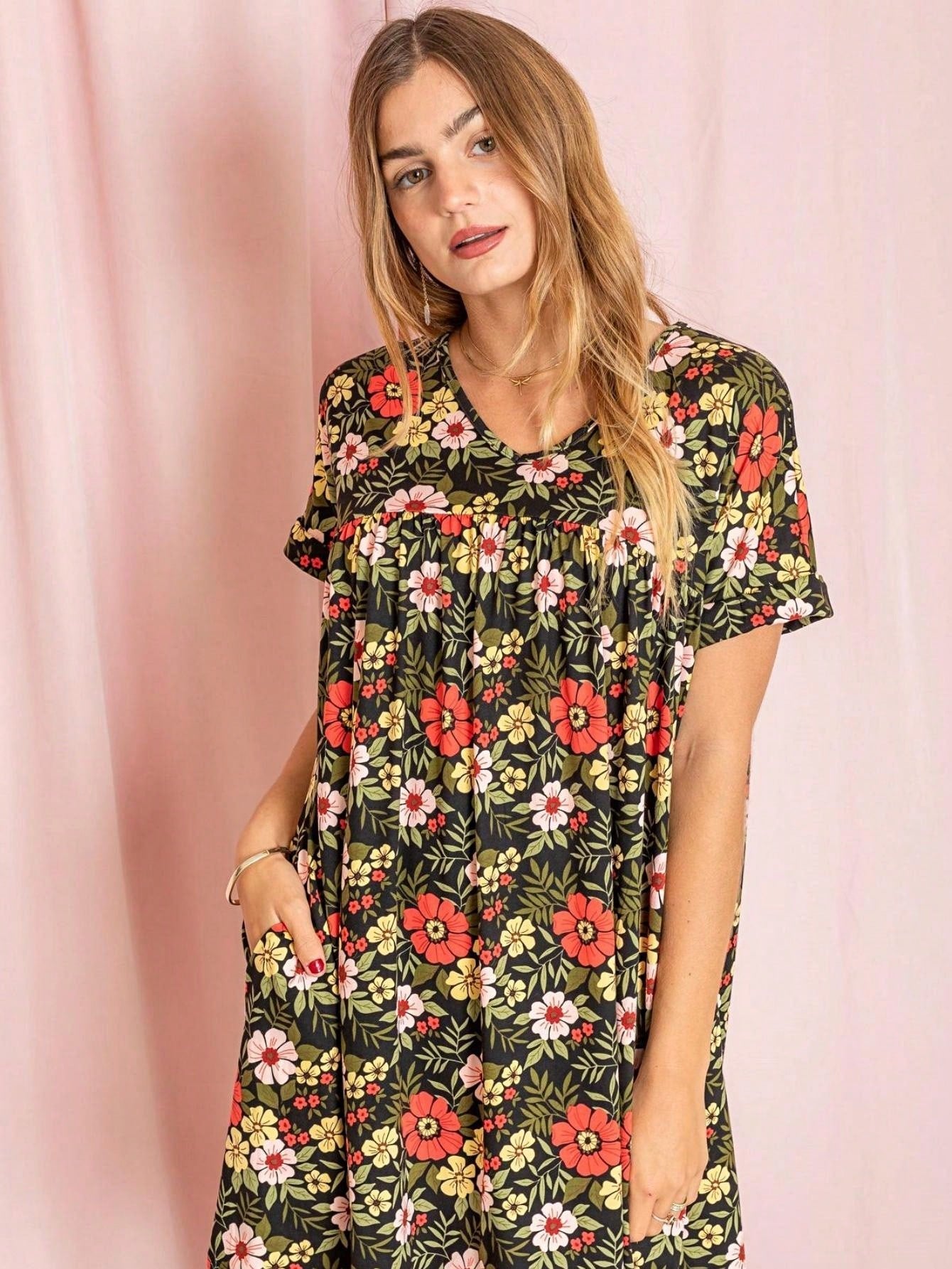 Summer Boho Retro Ditsy Floral Blue White Black Short Sleeve|  Small -3 XL