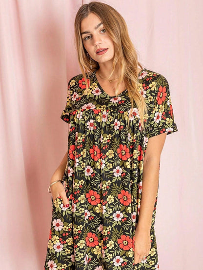 Summer Boho Retro Ditsy Floral Blue White Black Short Sleeve|  Small -3 XL