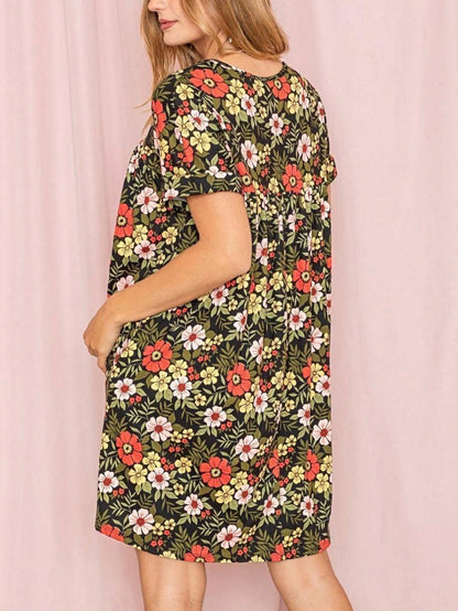 Summer Boho Retro Ditsy Floral Blue White Black Short Sleeve|  Small -3 XL