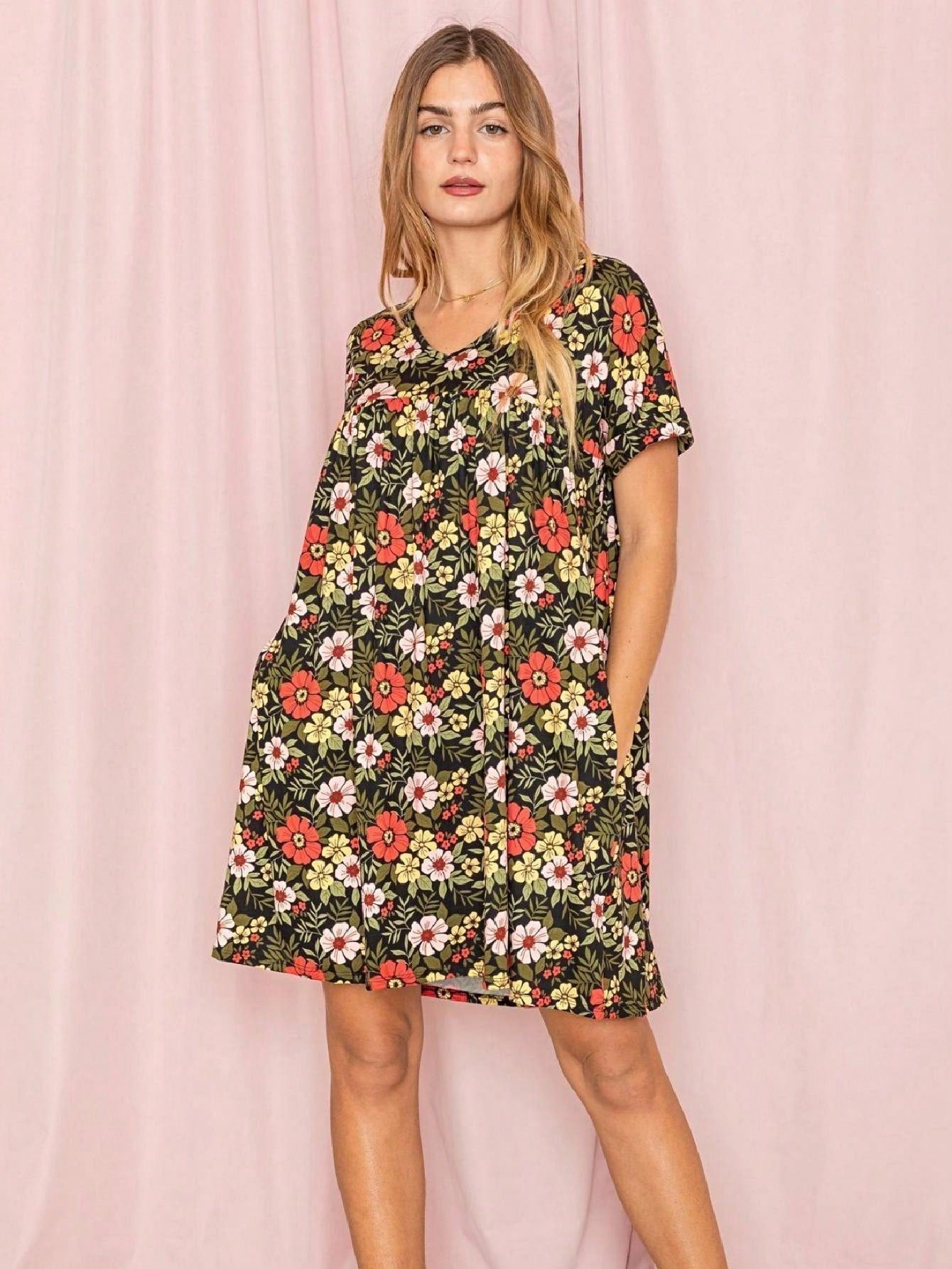 Summer Boho Retro Ditsy Floral Blue White Black Short Sleeve|  Small -3 XL