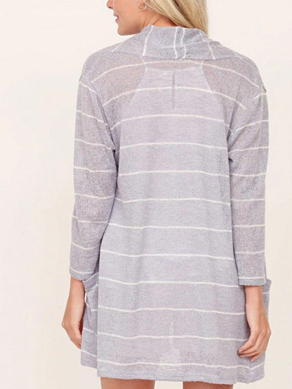 Boho Vintage Stripe Grey Violet Light Weight Three Quarter Sleeve  Knit Slouch Kimono Cardigan