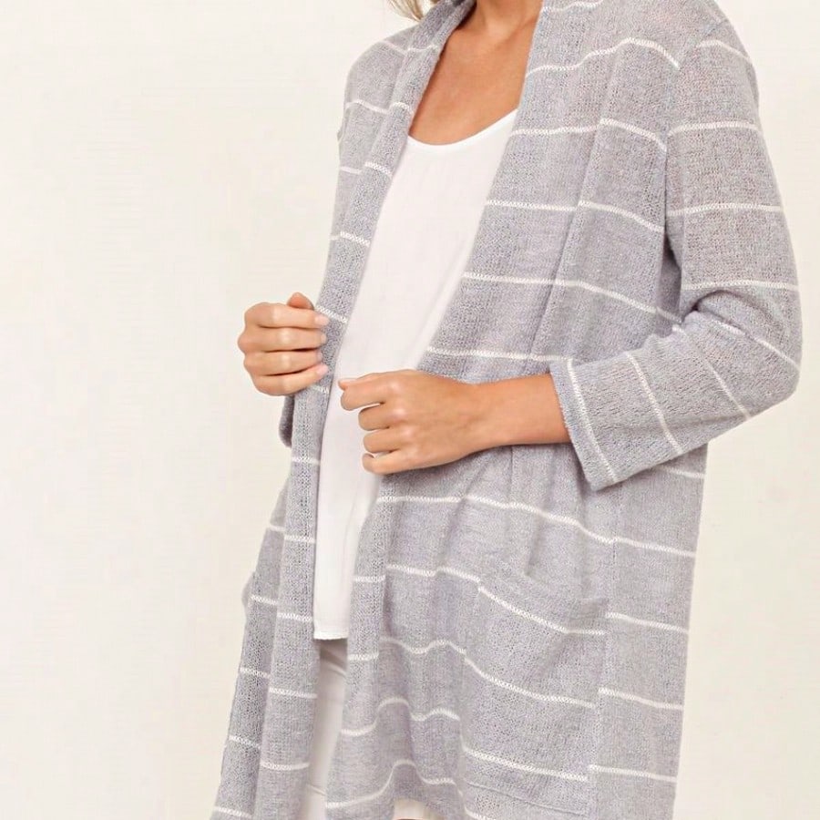Boho Vintage Stripe Grey Violet Light Weight Three Quarter Sleeve  Knit Slouch Kimono Cardigan