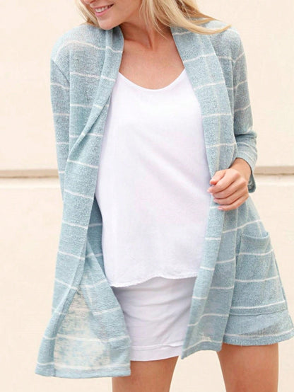 Boho Vintage Stripe Grey Violet Light Weight Three Quarter Sleeve  Knit Slouch Kimono Cardigan