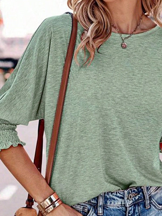 Cotton Mixed Solid Vintage Color Boho Retro Shirred Smocked Half Sleeve Oversized Batwing Dolman 3/4 Sleeve  Tunic Top Shirt