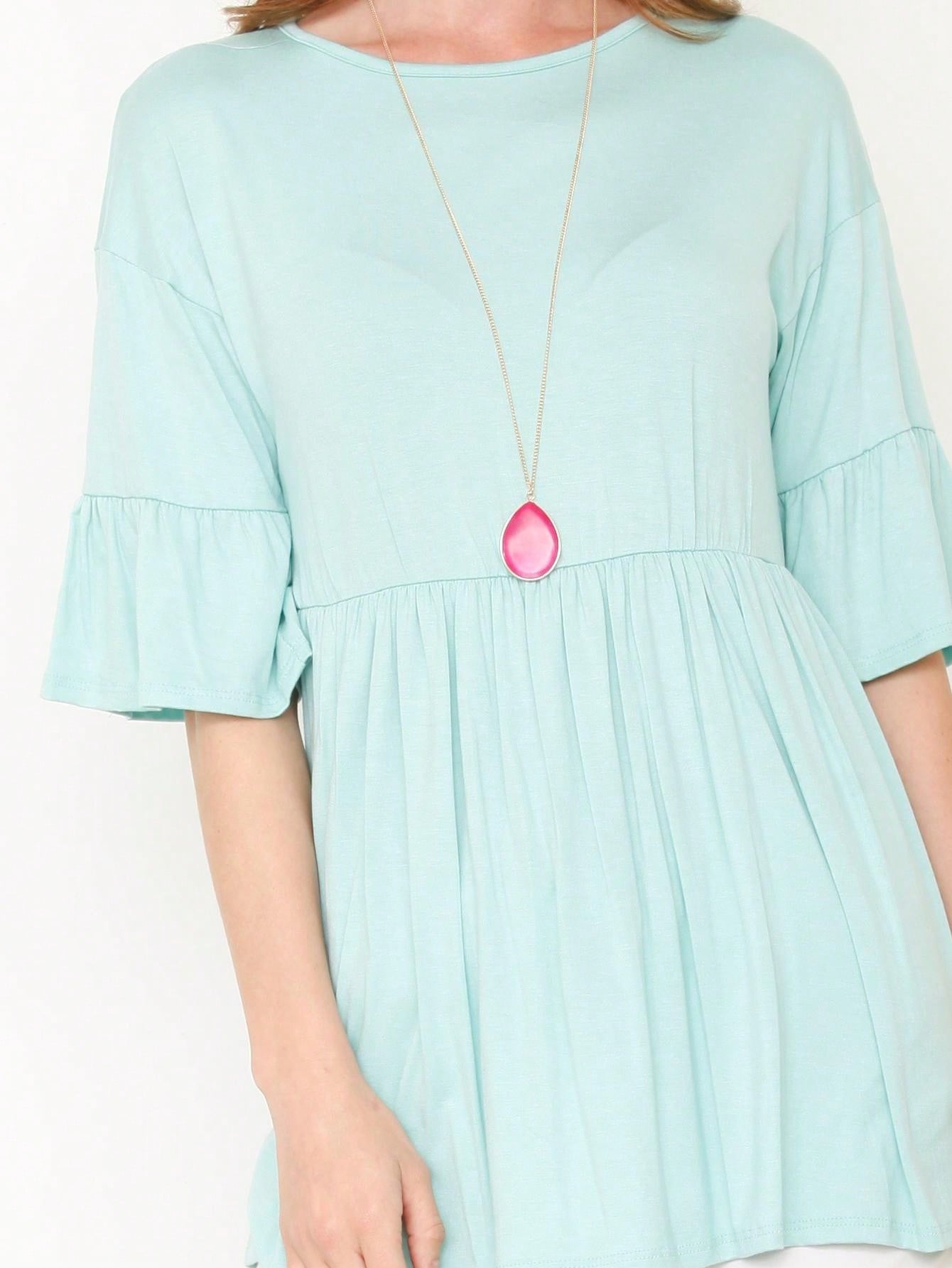 Boho Retro Vintage Ruffle Tiered Rayon Cool Soft Yellow Mint Half Sleeve Tunic Top Blouse
