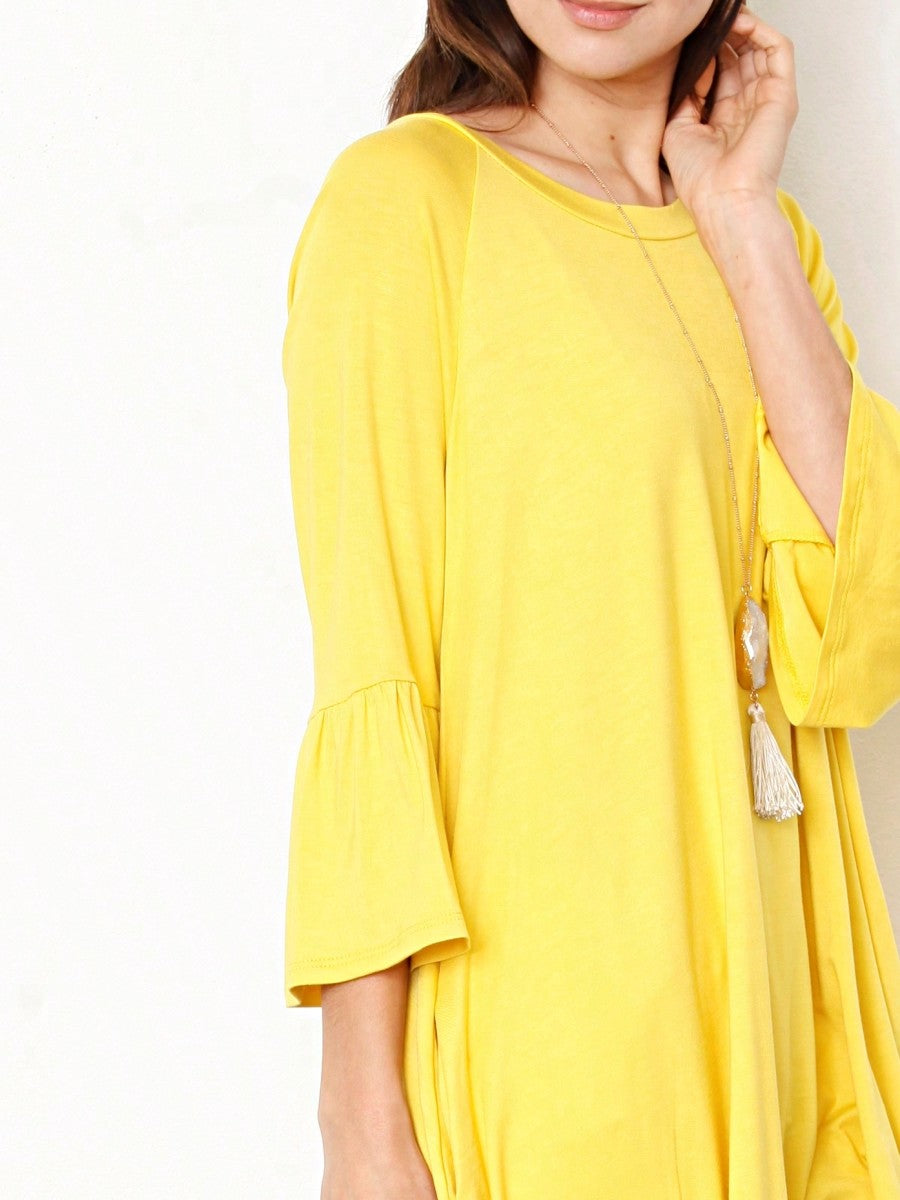 Boho Retro Vintage Ruffle Tiered Rayon Cool Soft Yellow Mint Half Sleeve Tunic Top Blouse