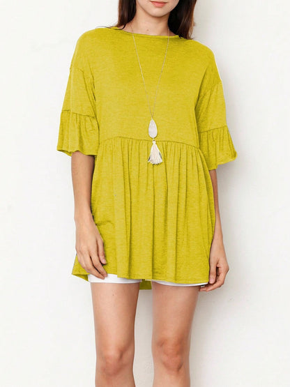Boho Retro Vintage Ruffle Tiered Rayon Cool Soft Yellow Mint Half Sleeve Tunic Top Blouse