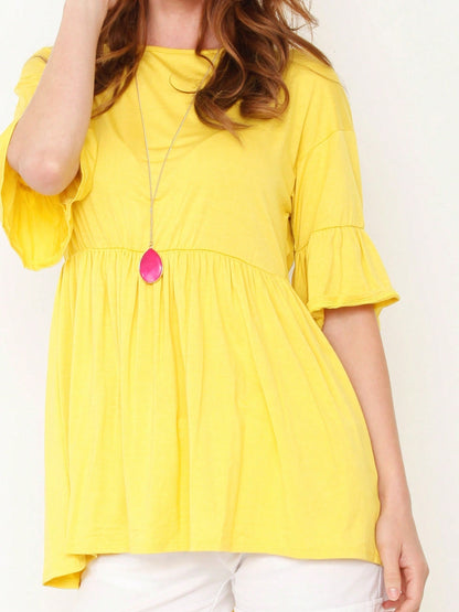 Boho Retro Vintage Ruffle Tiered Rayon Cool Soft Yellow Mint Half Sleeve Tunic Top Blouse