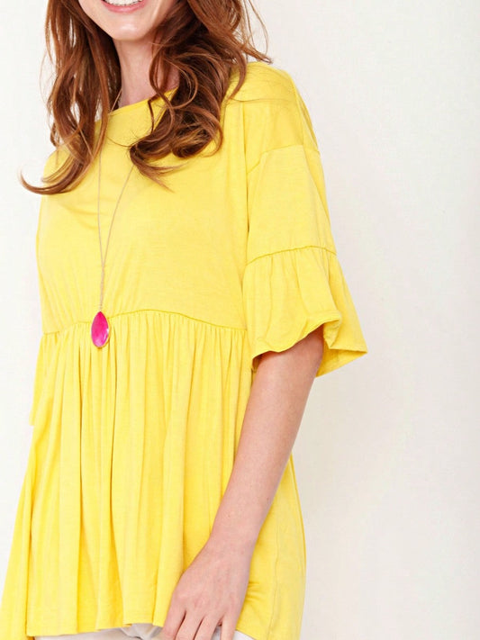 Boho Retro Vintage Ruffle Tiered Rayon Cool Soft Yellow Mint Half Sleeve Tunic Top Blouse