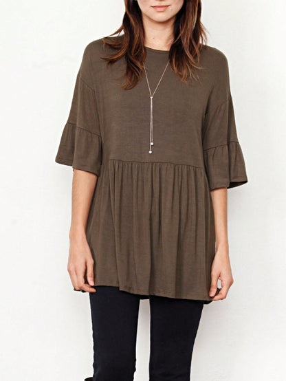 Boho Retro Vintage Ruffle Tiered Rayon Cool Soft Yellow Mint Half Sleeve Tunic Top Blouse