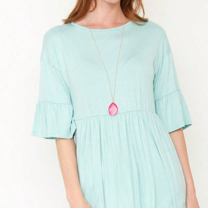 Boho Retro Vintage Ruffle Tiered Rayon Cool Soft Yellow Mint Half Sleeve Tunic Top Blouse