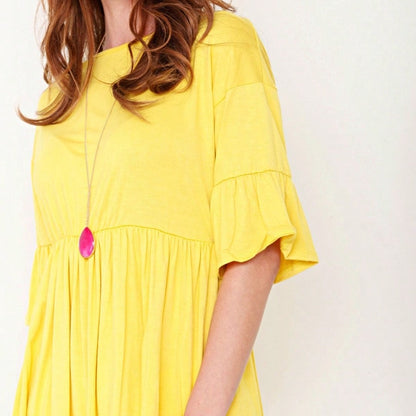 Boho Retro Vintage Ruffle Tiered Rayon Cool Soft Yellow Mint Half Sleeve Tunic Top Blouse