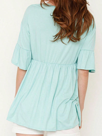 Boho Retro Vintage Ruffle Tiered Rayon Cool Soft Yellow Mint Half Sleeve Tunic Top Blouse