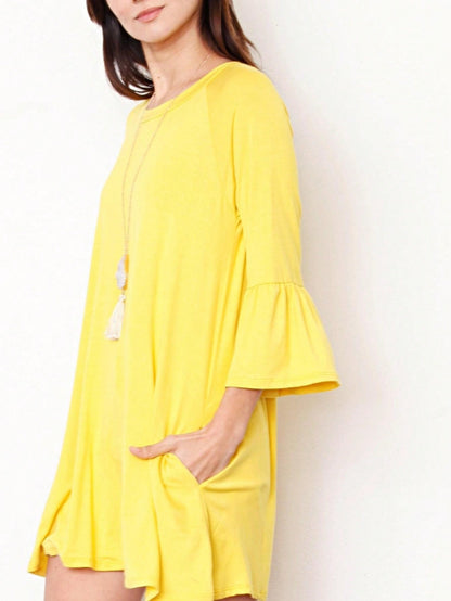 Boho Retro Mint Yellow Green Raglan Ruffle Sleeve Rayon Aline Cool Summer Tunic Dress With Pocket