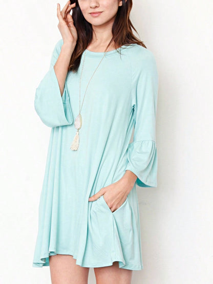 Boho Retro Mint Yellow Green Raglan Ruffle Sleeve Rayon Aline Cool Summer Tunic Dress With Pocket