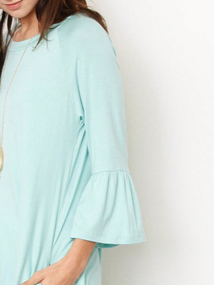 Boho Retro Mint Yellow Green Raglan Ruffle Sleeve Rayon Aline Cool Summer Tunic Dress With Pocket