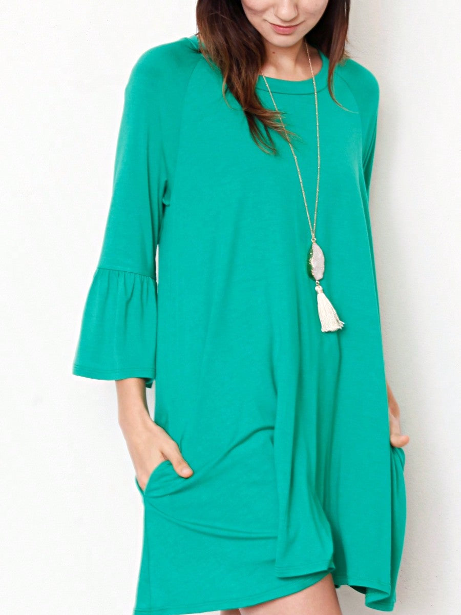 Boho Retro Mint Yellow Green Raglan Ruffle Sleeve Rayon Aline Cool Summer Tunic Dress With Pocket