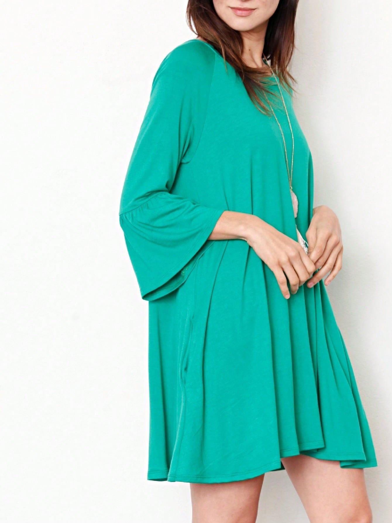 Boho Retro Mint Yellow Green Raglan Ruffle Sleeve Rayon Aline Cool Summer Tunic Dress With Pocket