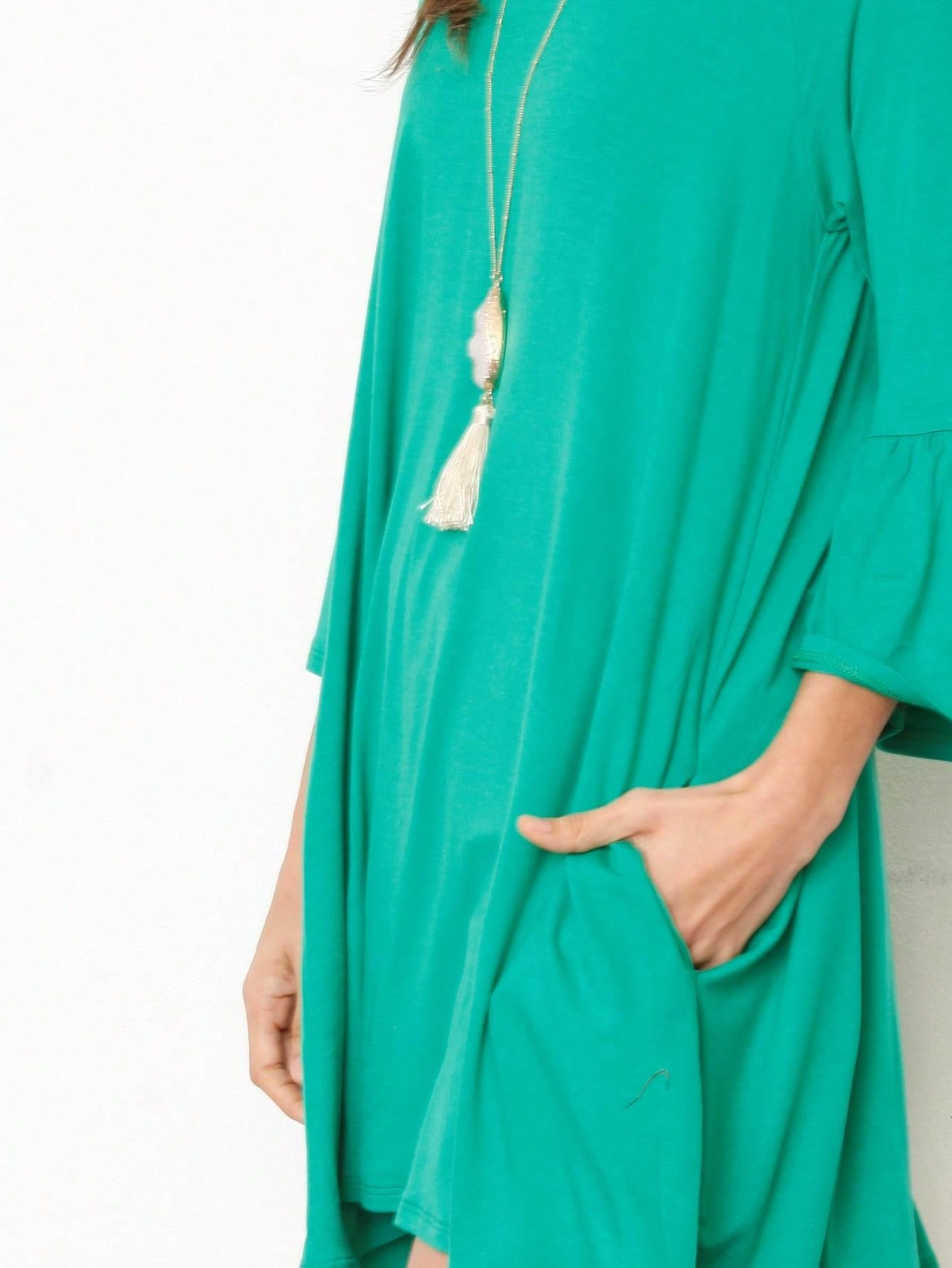 Boho Retro Mint Yellow Green Raglan Ruffle Sleeve Rayon Aline Cool Summer Tunic Dress With Pocket