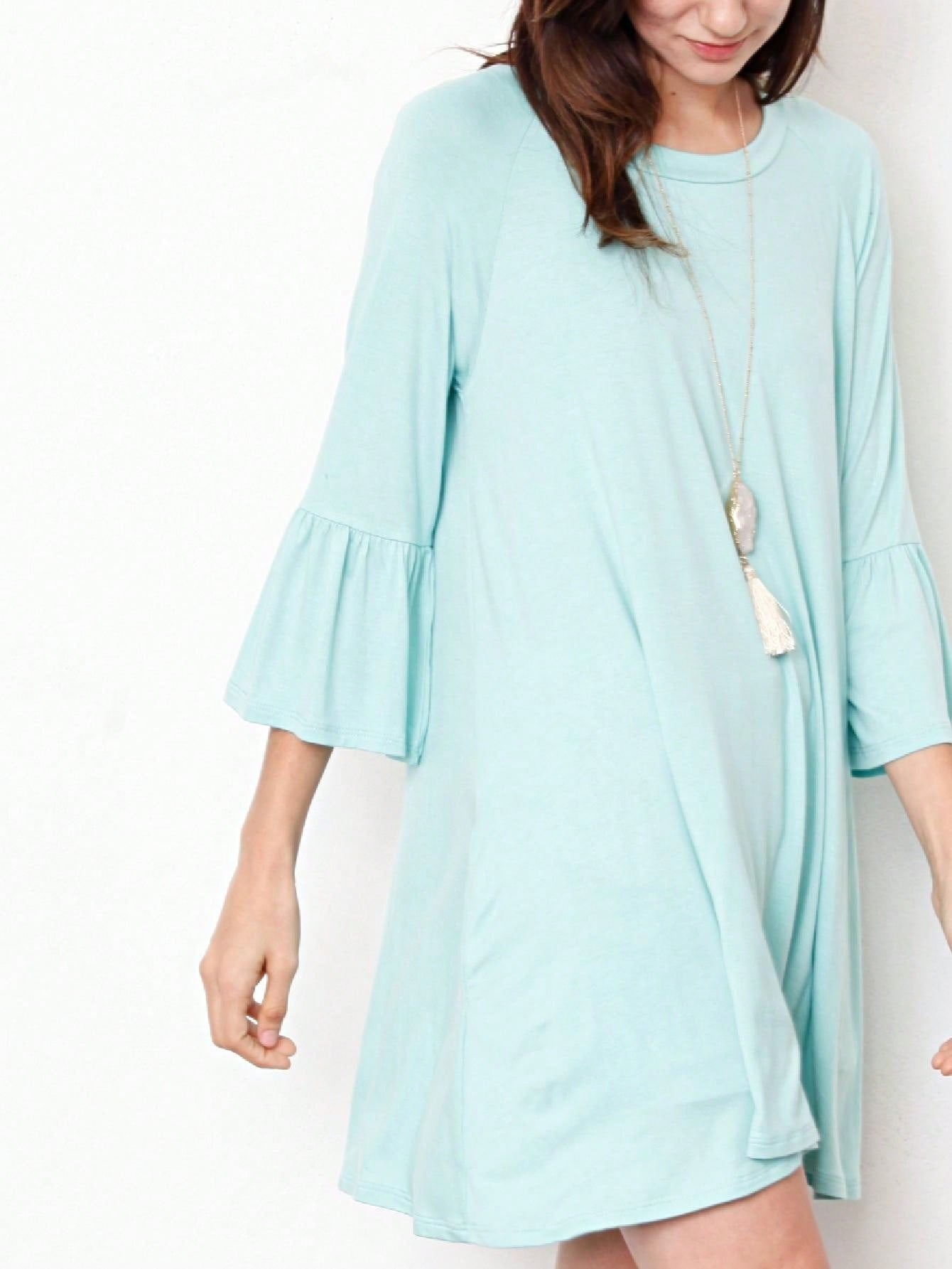 Boho Retro Mint Yellow Green Raglan Ruffle Sleeve Rayon Aline Cool Summer Tunic Dress With Pocket
