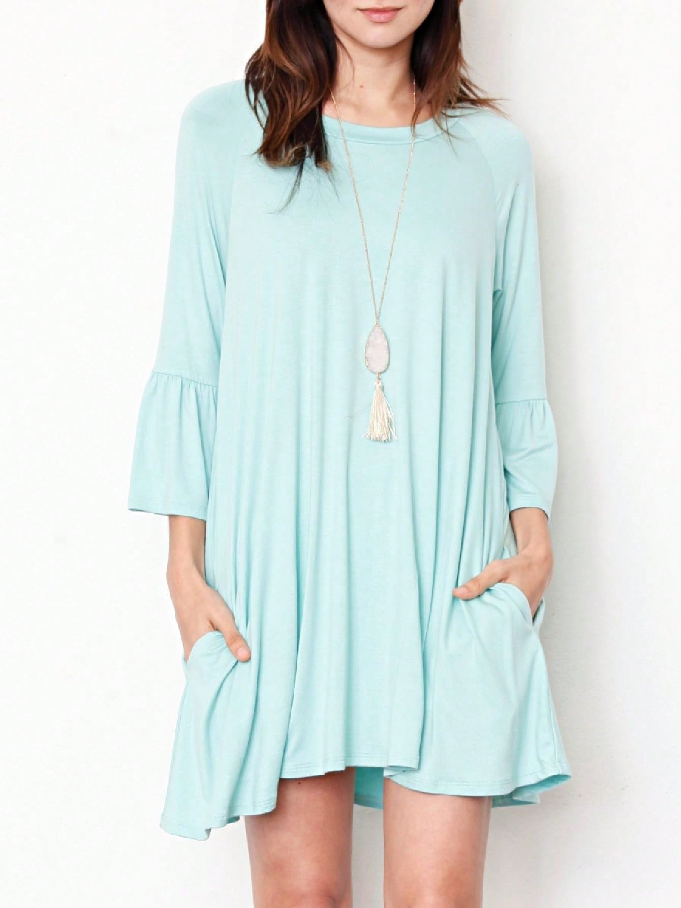 Boho Retro Mint Yellow Green Raglan Ruffle Sleeve Rayon Aline Cool Summer Tunic Dress With Pocket