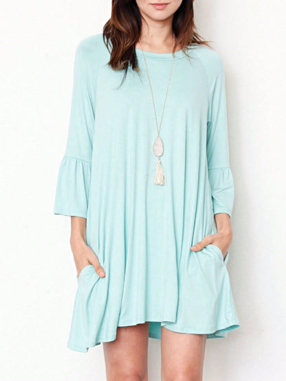 Boho Retro Mint Yellow Green Raglan Ruffle Sleeve Rayon Aline Cool Summer Tunic Dress With Pocket