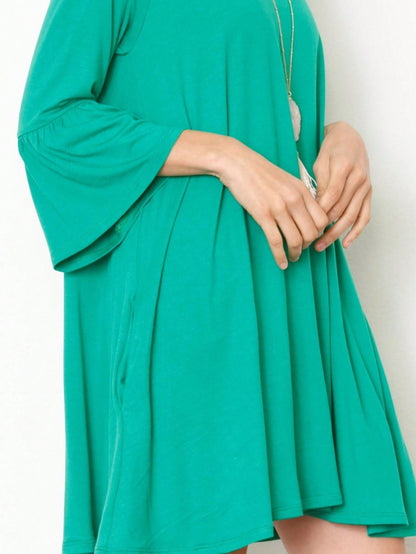 Boho Retro Mint Yellow Green Raglan Ruffle Sleeve Rayon Aline Cool Summer Tunic Dress With Pocket