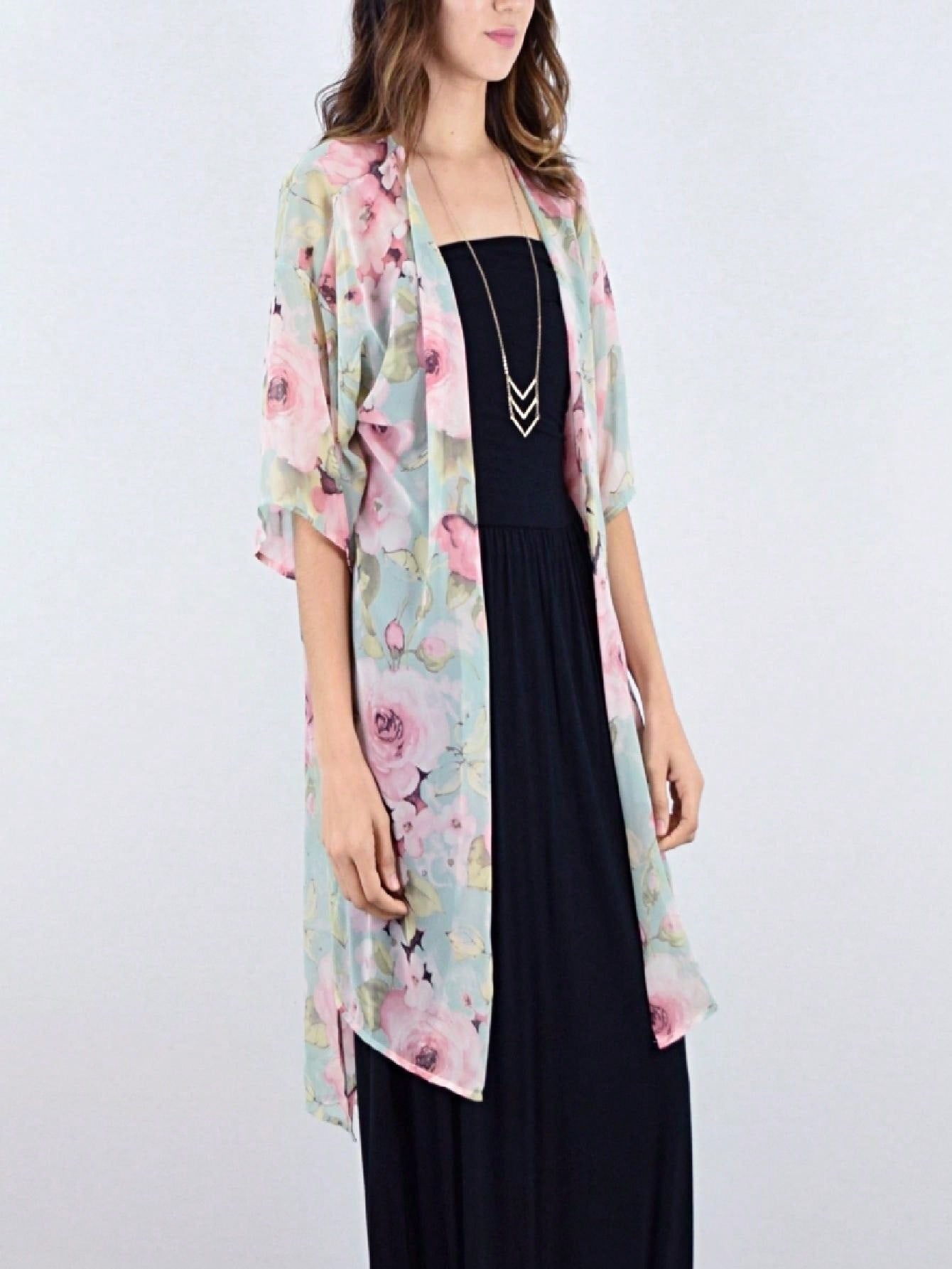 Boho Retro Coral Pink Orange Floral Chiffon Light Weight Slouch Kimono Cardigan Cover Up