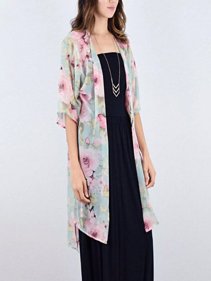 Boho Retro Coral Pink Orange Floral Chiffon Light Weight Slouch Kimono Cardigan Cover Up