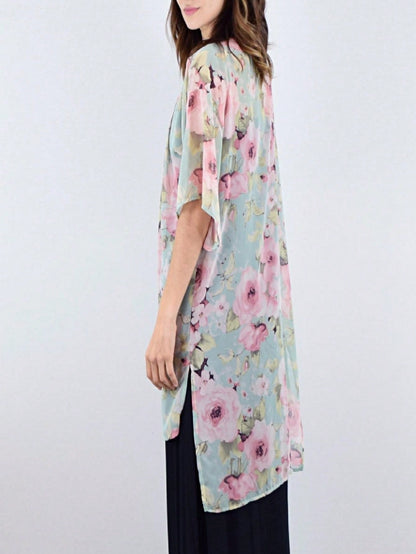 Boho Retro Coral Pink Orange Floral Chiffon Light Weight Slouch Kimono Cardigan Cover Up