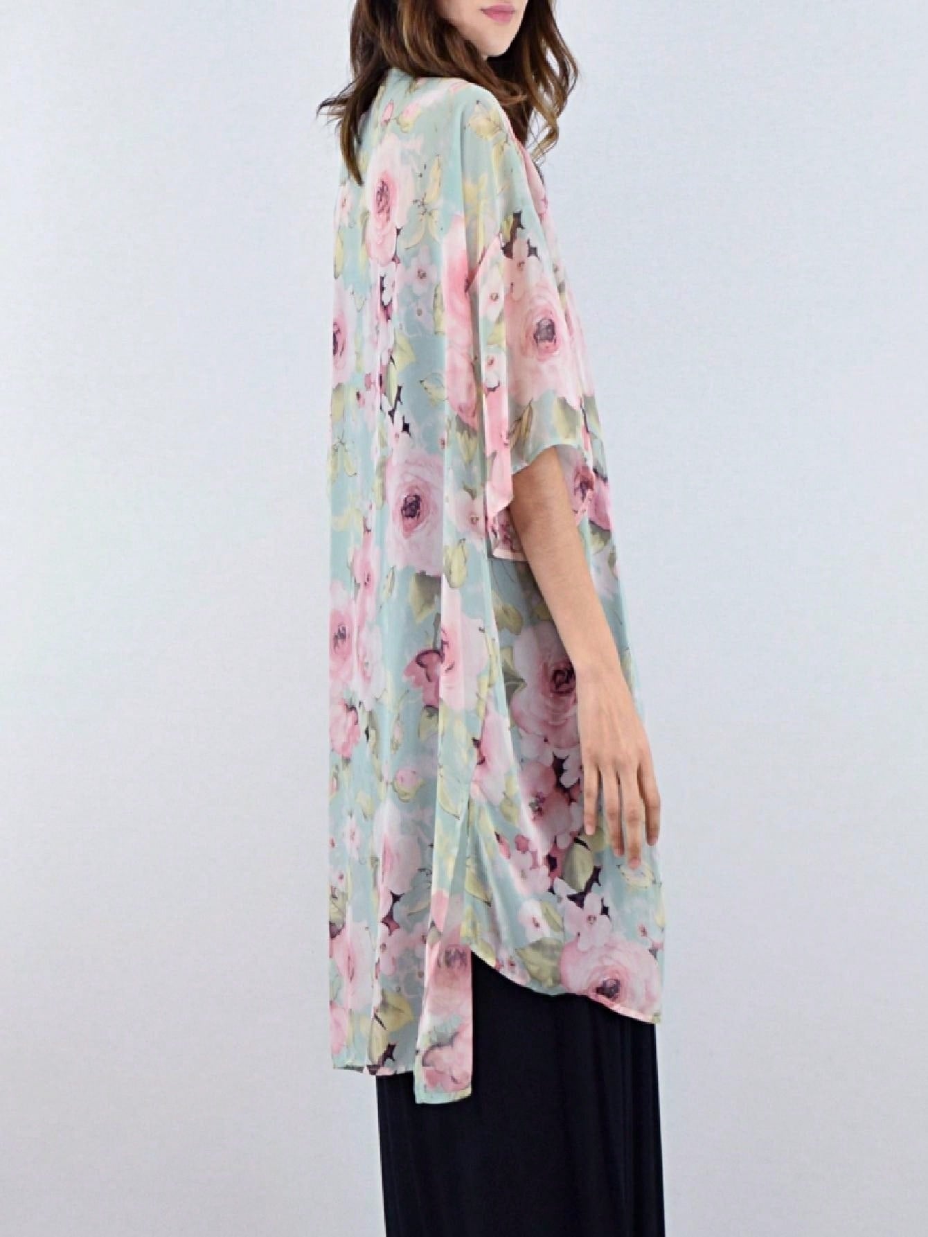 Boho Retro Coral Pink Orange Floral Chiffon Light Weight Slouch Kimono Cardigan Cover Up