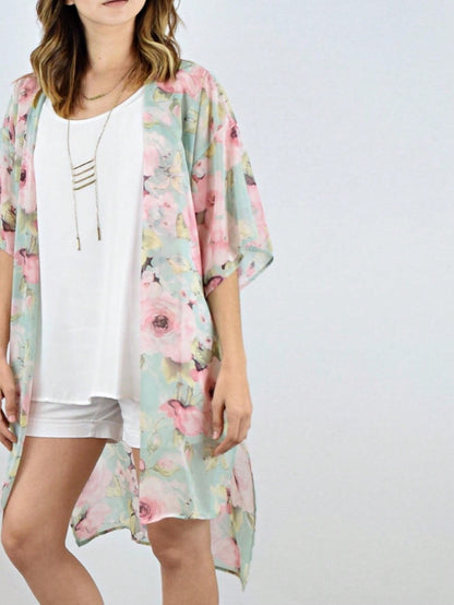 Boho Retro Coral Pink Orange Floral Chiffon Light Weight Slouch Kimono Cardigan Cover Up