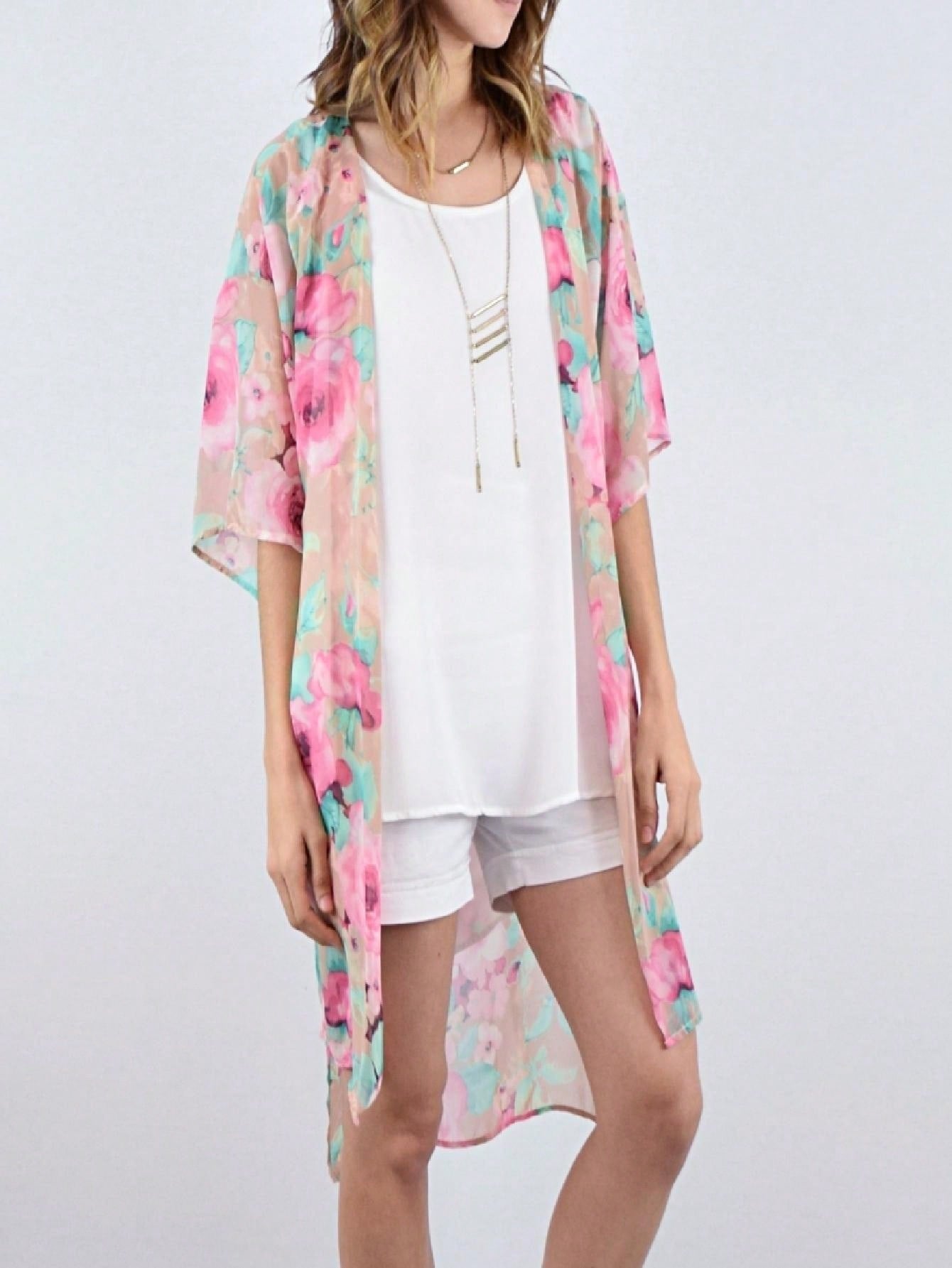 Boho Retro Coral Pink Orange Floral Chiffon Light Weight Slouch Kimono Cardigan Cover Up