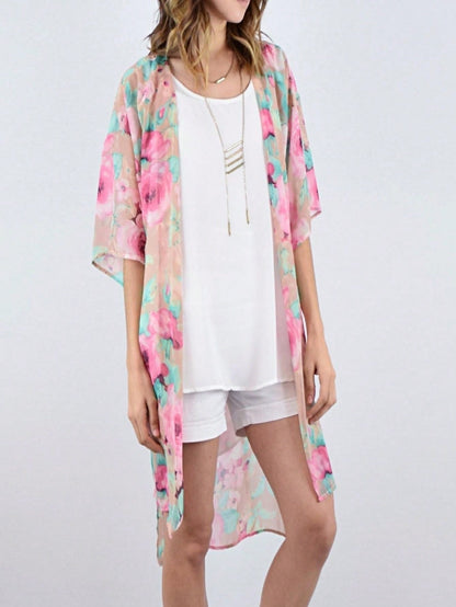 Boho Retro Coral Pink Orange Floral Chiffon Light Weight Slouch Kimono Cardigan Cover Up