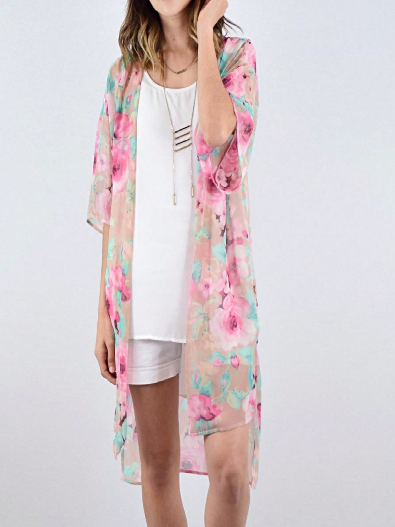 Boho Retro Coral Pink Orange Floral Chiffon Light Weight Slouch Kimono Cardigan Cover Up