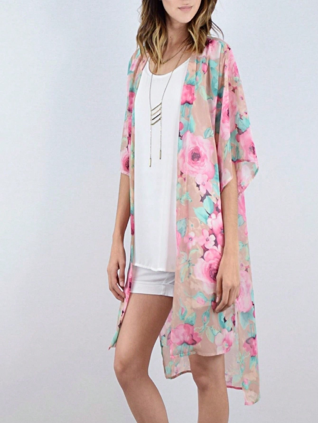 Boho Retro Coral Pink Orange Floral Chiffon Light Weight Slouch Kimono Cardigan Cover Up