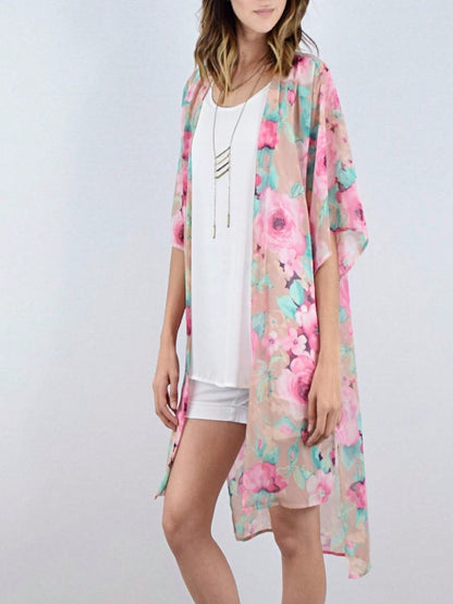 Boho Retro Coral Pink Orange Floral Chiffon Light Weight Slouch Kimono Cardigan Cover Up