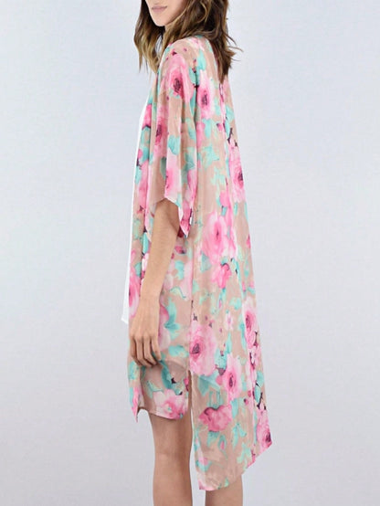 Boho Retro Coral Pink Orange Floral Chiffon Light Weight Slouch Kimono Cardigan Cover Up